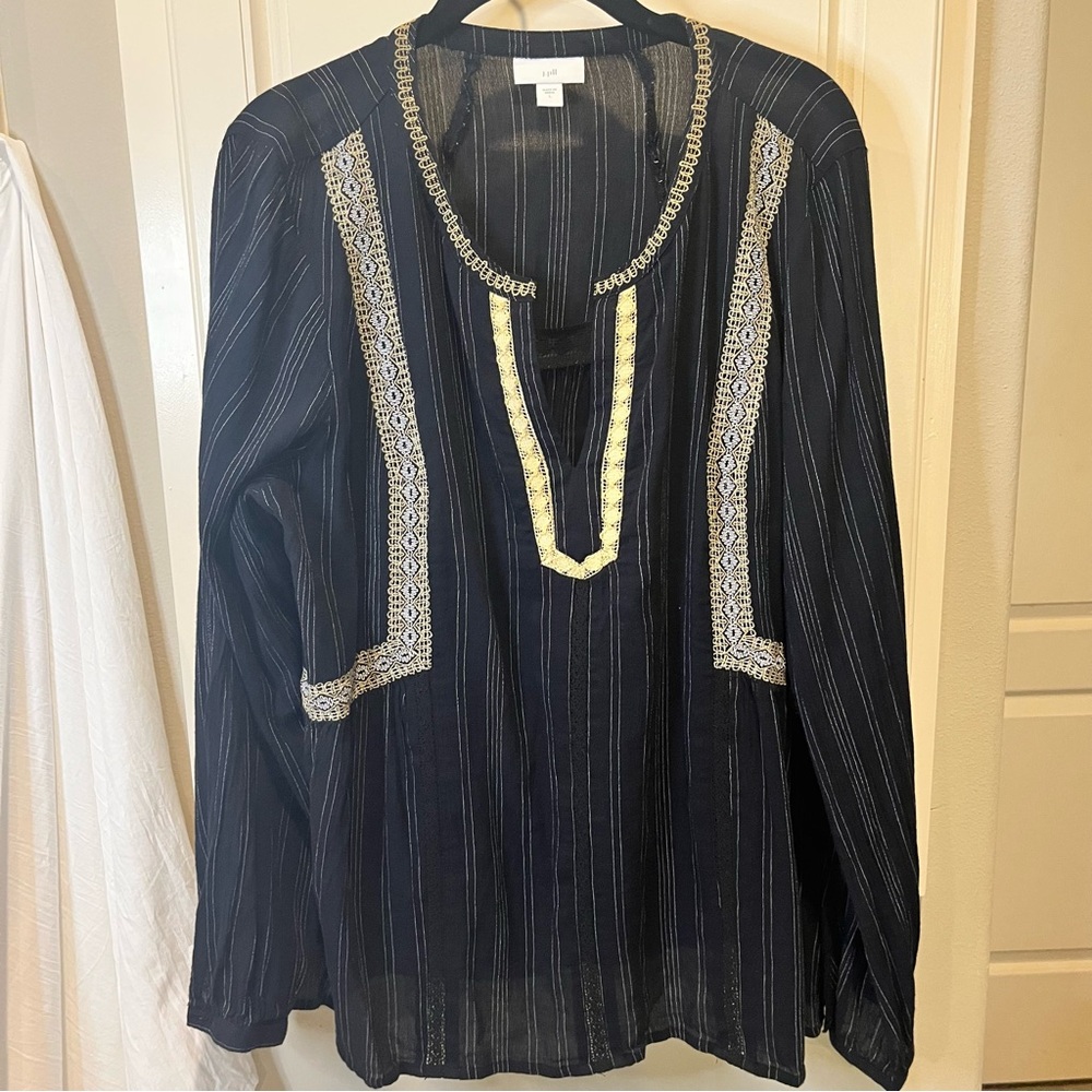 J Jill Top Womens Large Black Stripe Crochet Trim Long Sleeve Boho Peasant Beach